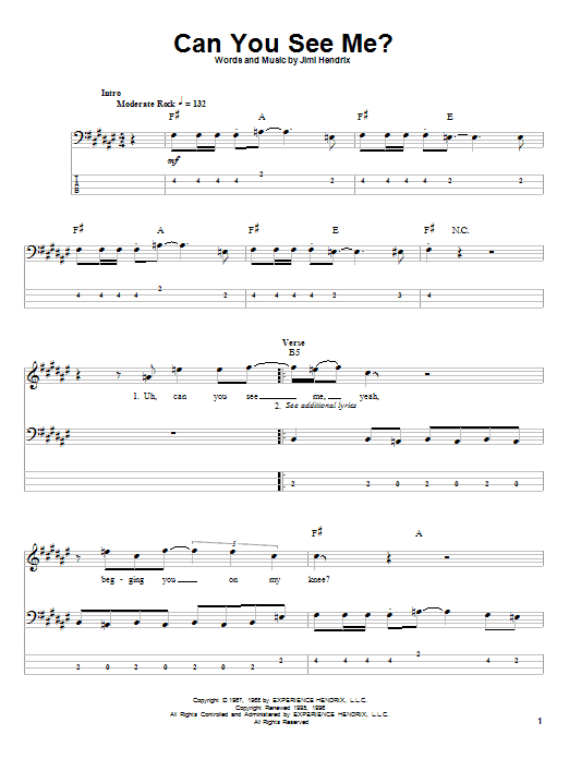 Jimi Hendrix Can You See Me Sheet Music Notes & Chords for Guitar Tab - Download or Print PDF