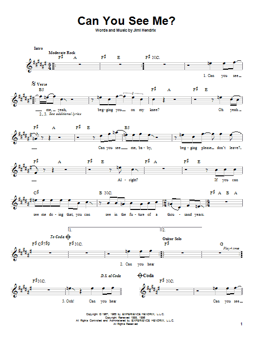 Jimi Hendrix Can You See Me? Sheet Music Notes & Chords for Melody Line, Lyrics & Chords - Download or Print PDF