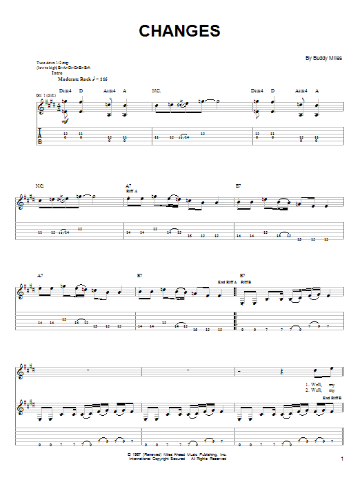 Jimi Hendrix Changes Sheet Music Notes & Chords for Guitar Tab (Single Guitar) - Download or Print PDF