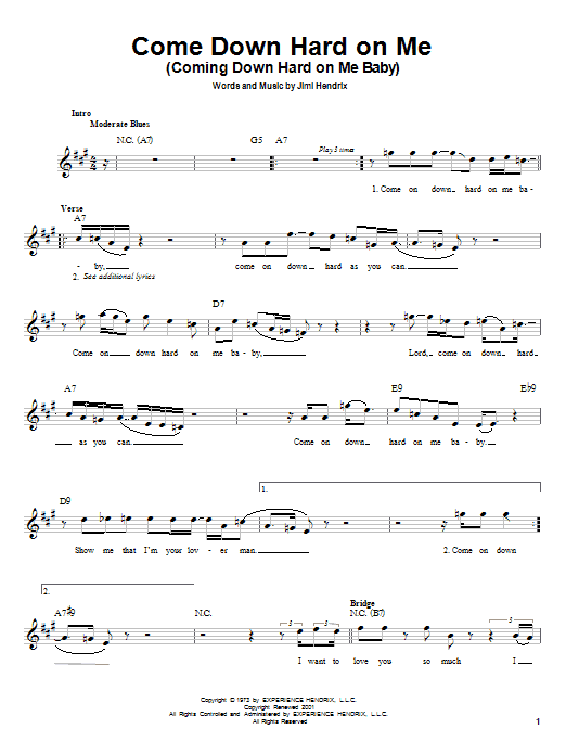 Jimi Hendrix Come Down Hard On Me (Coming Down Hard On Me Baby) Sheet Music Notes & Chords for Melody Line, Lyrics & Chords - Download or Print PDF