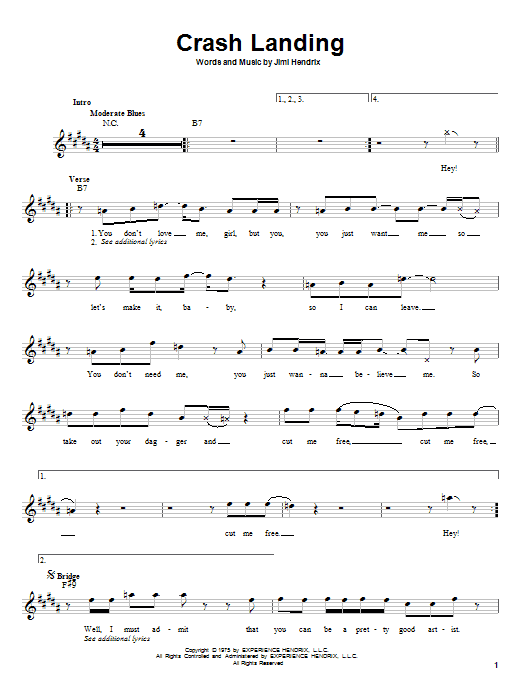 Jimi Hendrix Crash Landing Sheet Music Notes & Chords for Melody Line, Lyrics & Chords - Download or Print PDF