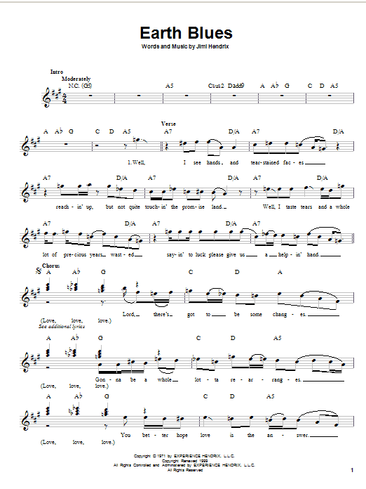 Jimi Hendrix Earth Blues Sheet Music Notes & Chords for Melody Line, Lyrics & Chords - Download or Print PDF