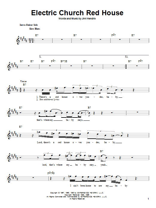 Jimi Hendrix Electric Church Red House Sheet Music Notes & Chords for Melody Line, Lyrics & Chords - Download or Print PDF