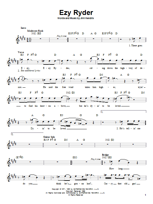 Jimi Hendrix EZY Ryder Sheet Music Notes & Chords for Melody Line, Lyrics & Chords - Download or Print PDF