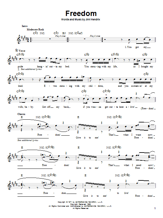 Jimi Hendrix Freedom Sheet Music Notes & Chords for Piano, Vocal & Guitar (Right-Hand Melody) - Download or Print PDF