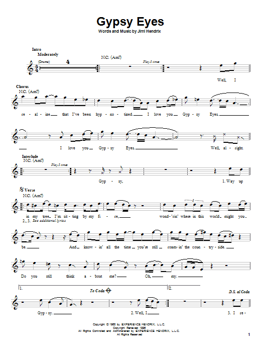 Jimi Hendrix Gypsy Eyes Sheet Music Notes & Chords for Piano, Vocal & Guitar (Right-Hand Melody) - Download or Print PDF