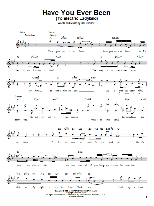 Jimi Hendrix Have You Ever Been (To Electric Ladyland) Sheet Music Notes & Chords for Melody Line, Lyrics & Chords - Download or Print PDF