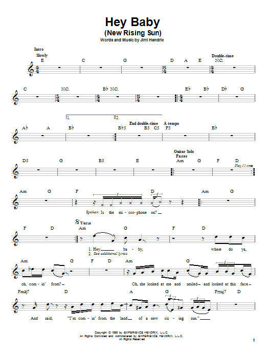 Jimi Hendrix Hey Baby (New Rising Sun) Sheet Music Notes & Chords for Guitar Tab - Download or Print PDF