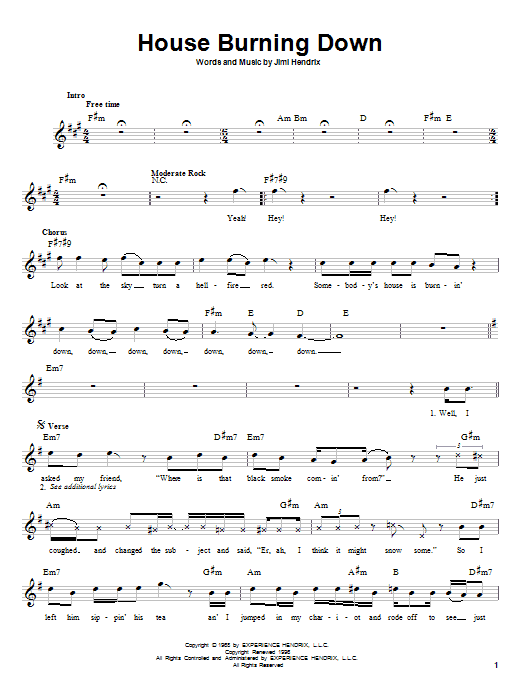 Jimi Hendrix House Burning Down Sheet Music Notes & Chords for Melody Line, Lyrics & Chords - Download or Print PDF