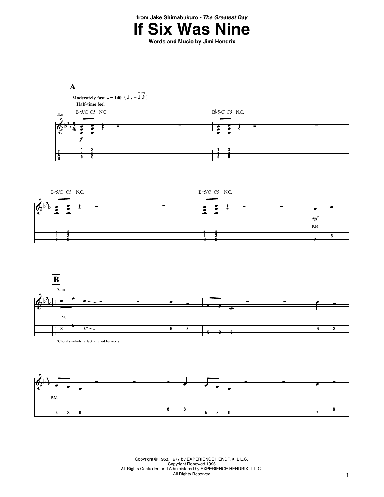 Jimi Hendrix If Six Was Nine (arr. Jake Shimabukuro) Sheet Music Notes & Chords for UKETAB - Download or Print PDF