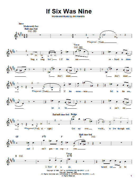 Jimi Hendrix If Six Was Nine Sheet Music Notes & Chords for Melody Line, Lyrics & Chords - Download or Print PDF