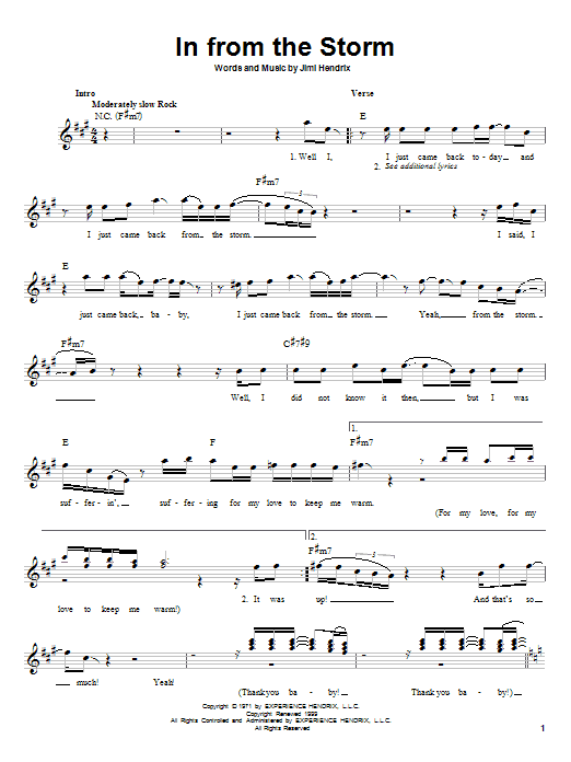 Jimi Hendrix In From The Storm Sheet Music Notes & Chords for Melody Line, Lyrics & Chords - Download or Print PDF