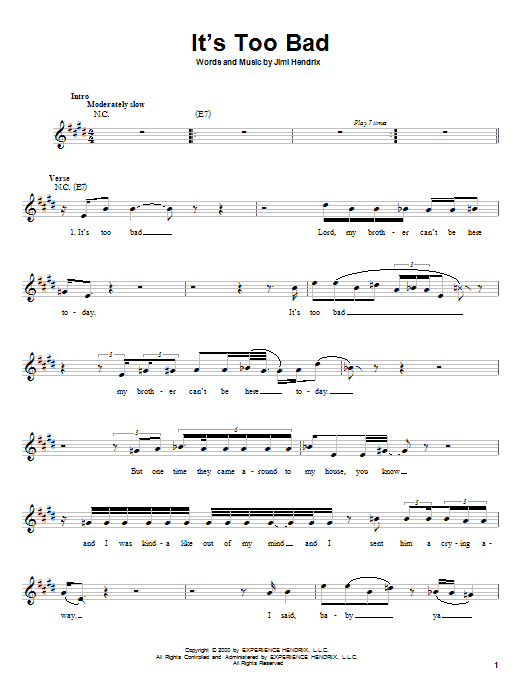 Jimi Hendrix It's Too Bad Sheet Music Notes & Chords for Melody Line, Lyrics & Chords - Download or Print PDF