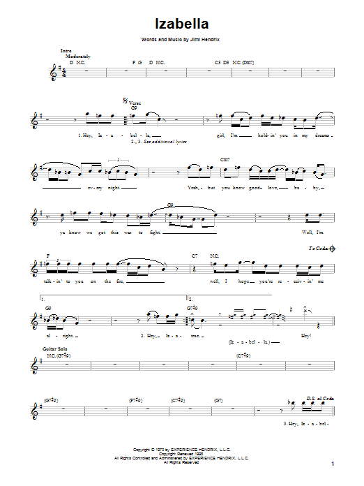 Jimi Hendrix Izabella Sheet Music Notes & Chords for Melody Line, Lyrics & Chords - Download or Print PDF