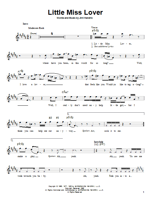 Jimi Hendrix Little Miss Lover Sheet Music Notes & Chords for Melody Line, Lyrics & Chords - Download or Print PDF