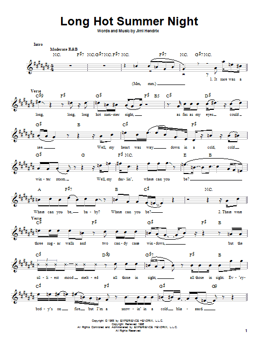 Jimi Hendrix Long Hot Summer Night Sheet Music Notes & Chords for Melody Line, Lyrics & Chords - Download or Print PDF