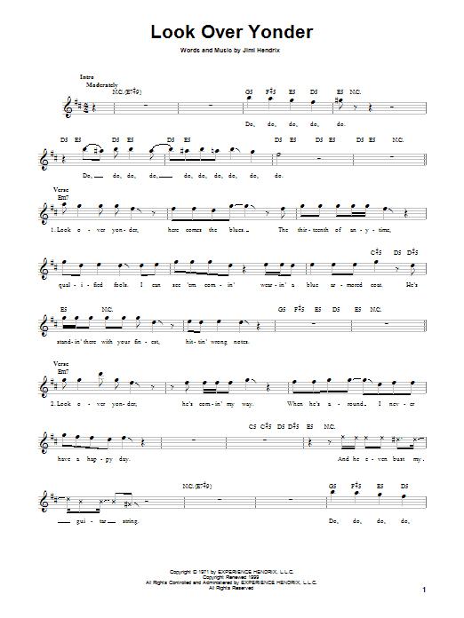 Jimi Hendrix Look Over Yonder Sheet Music Notes & Chords for Melody Line, Lyrics & Chords - Download or Print PDF