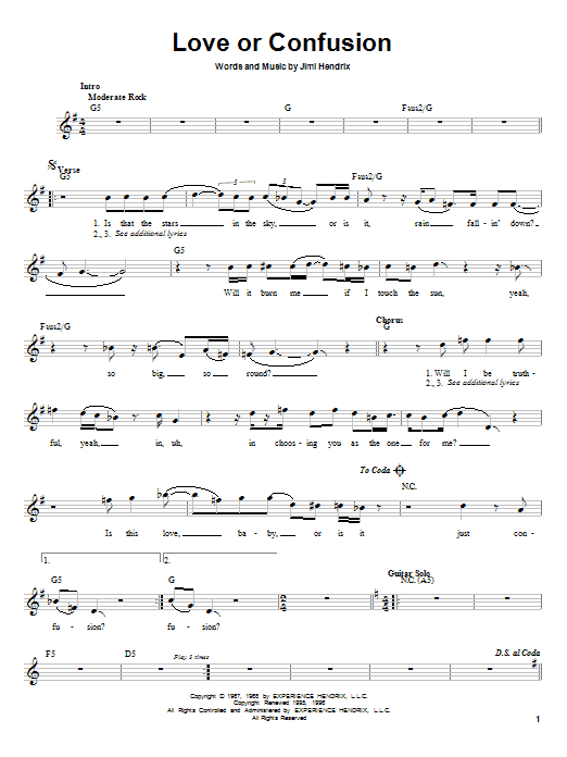Jimi Hendrix Love Or Confusion Sheet Music Notes & Chords for Melody Line, Lyrics & Chords - Download or Print PDF