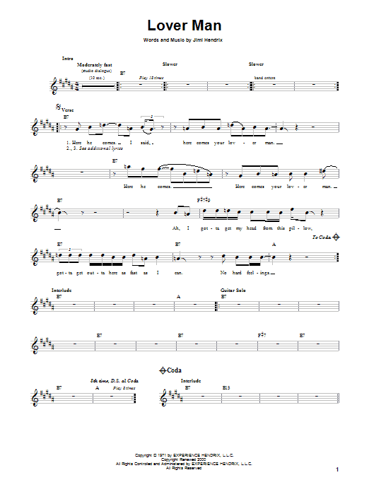 Jimi Hendrix Lover Man Sheet Music Notes & Chords for Melody Line, Lyrics & Chords - Download or Print PDF