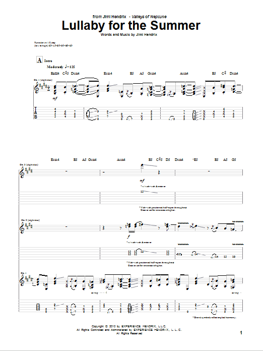 Jimi Hendrix Lullaby For The Summer Sheet Music Notes & Chords for Guitar Tab - Download or Print PDF