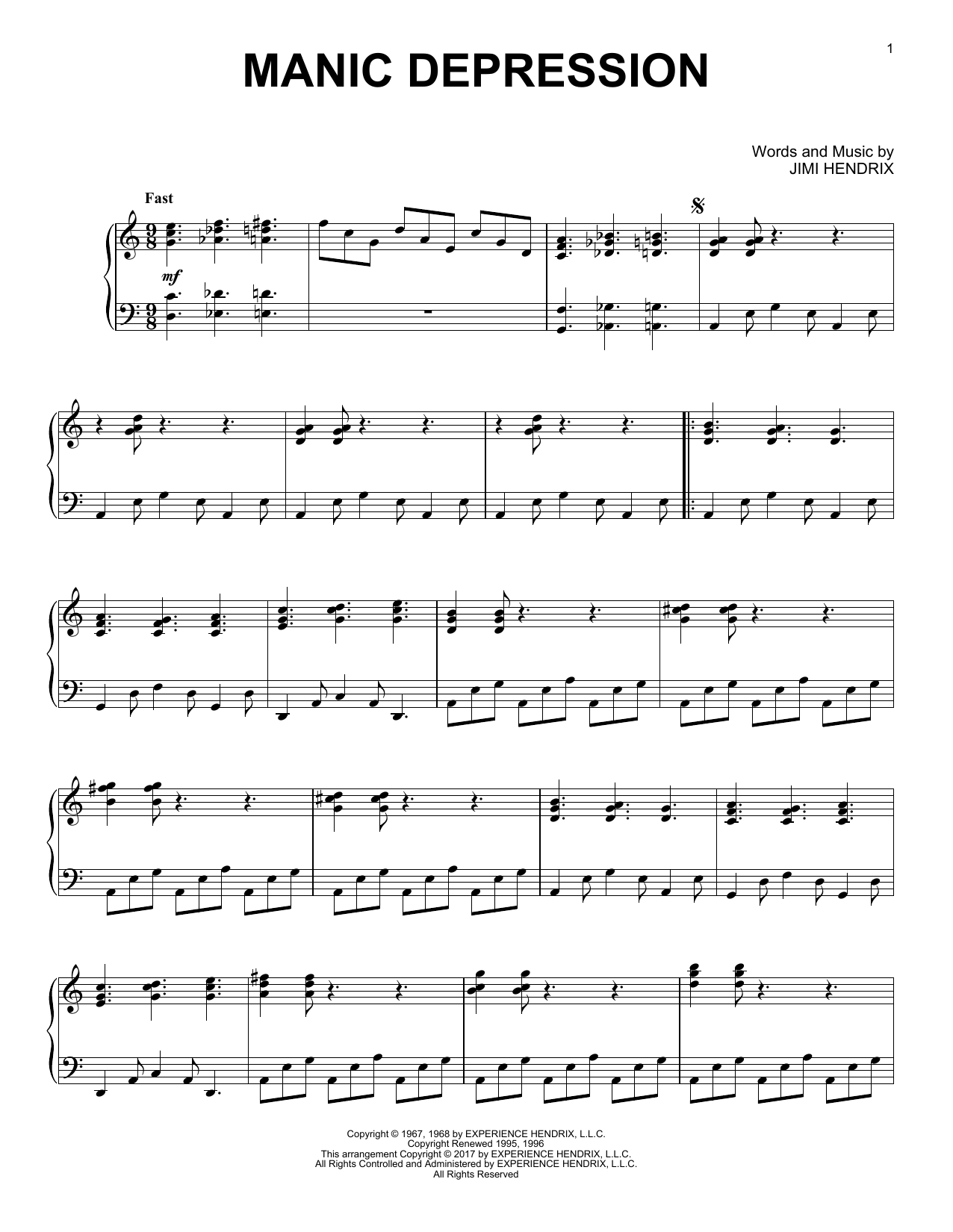 Jimi Hendrix Manic Depression [Jazz version] Sheet Music Notes & Chords for Piano Solo - Download or Print PDF