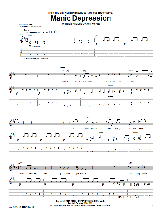 Jimi Hendrix Manic Depression Sheet Music Notes & Chords for Guitar Tab - Download or Print PDF