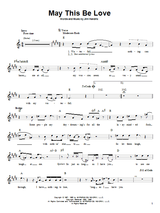 Jimi Hendrix May This Be Love Sheet Music Notes & Chords for Melody Line, Lyrics & Chords - Download or Print PDF