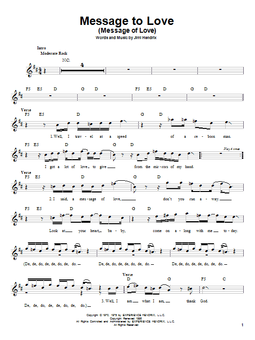 Jimi Hendrix Message To Love (Message Of Love) Sheet Music Notes & Chords for Melody Line, Lyrics & Chords - Download or Print PDF