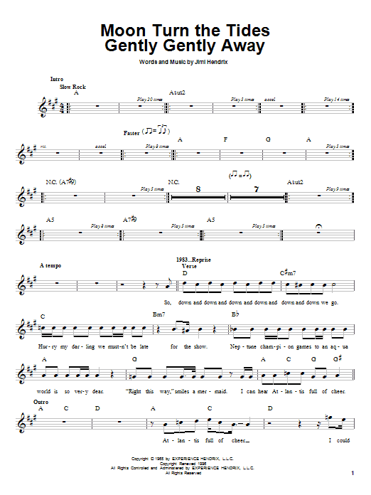 Jimi Hendrix Moon Turn The Tides Gently Gently Away Sheet Music Notes & Chords for Melody Line, Lyrics & Chords - Download or Print PDF