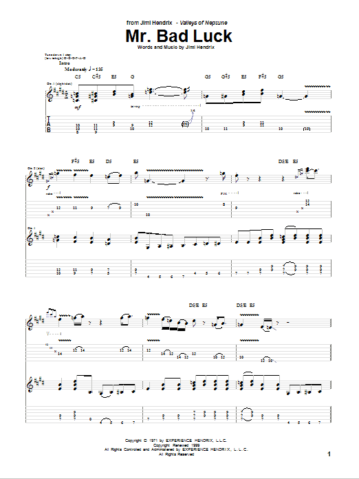 Jimi Hendrix Mr. Bad Luck Sheet Music Notes & Chords for Guitar Tab - Download or Print PDF