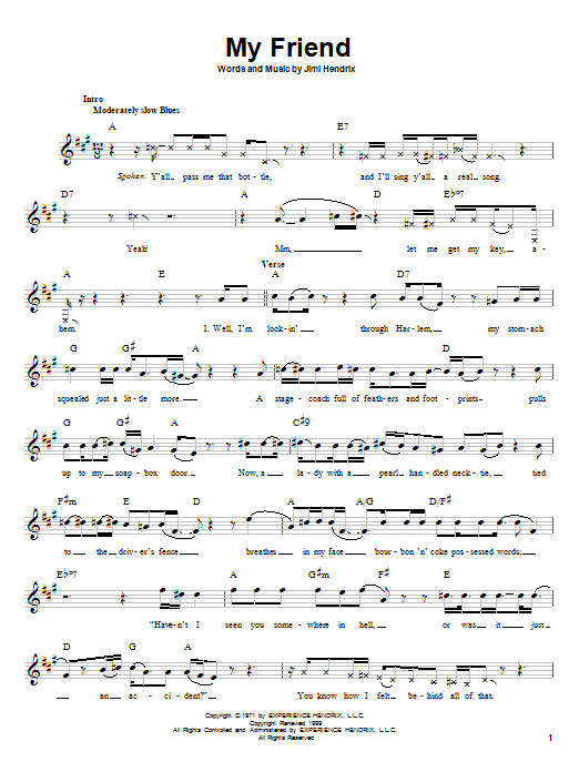 Jimi Hendrix My Friend Sheet Music Notes & Chords for Melody Line, Lyrics & Chords - Download or Print PDF