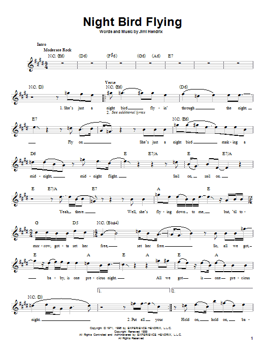 Jimi Hendrix Night Bird Flying Sheet Music Notes & Chords for Melody Line, Lyrics & Chords - Download or Print PDF