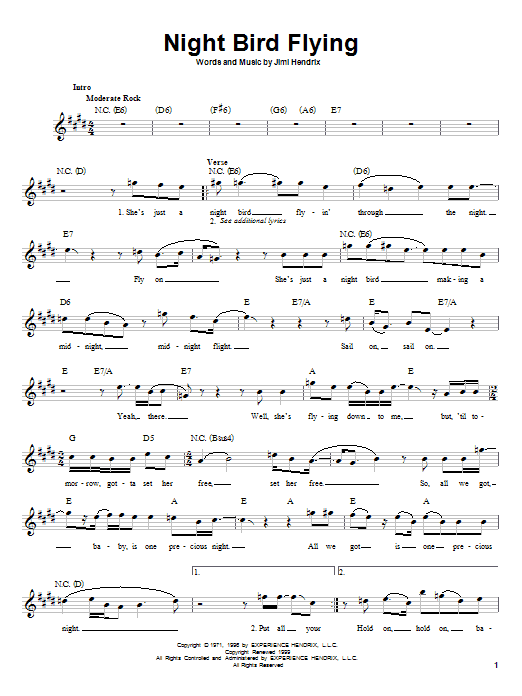 Jimi Hendrix Night Bird Flying Sheet Music Notes & Chords for Piano, Vocal & Guitar (Right-Hand Melody) - Download or Print PDF
