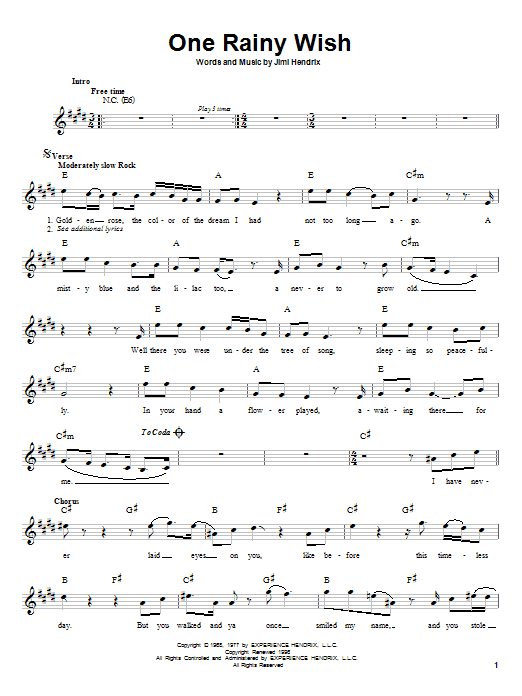 Jimi Hendrix One Rainy Wish Sheet Music Notes & Chords for Melody Line, Lyrics & Chords - Download or Print PDF