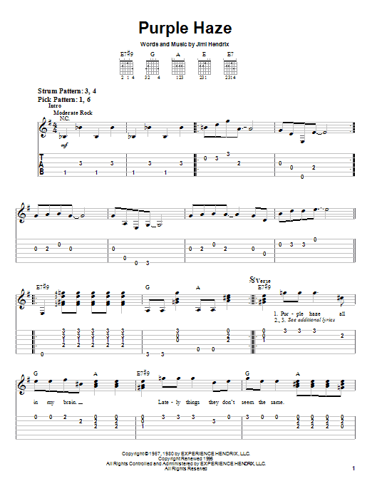 Jimi Hendrix Purple Haze Sheet Music Notes & Chords for Guitar Tab - Download or Print PDF