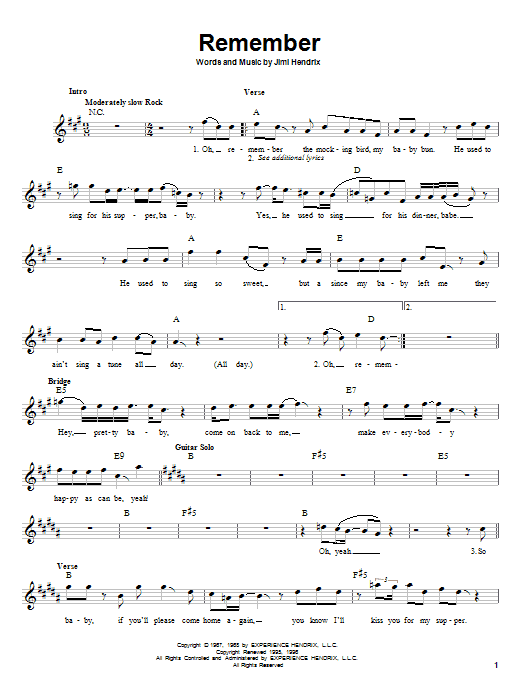 Jimi Hendrix Remember Sheet Music Notes & Chords for Easy Guitar Tab - Download or Print PDF