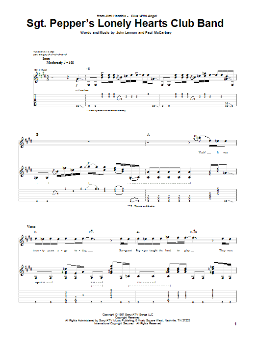 Jimi Hendrix Sgt. Pepper's Lonely Hearts Club Band Sheet Music Notes & Chords for Guitar Tab - Download or Print PDF Jimi Hendrix Sgt. Pepper's Lonely Hearts Club Band Sheet Music Notes & Chords for Guitar Tab - Download or Print PDF