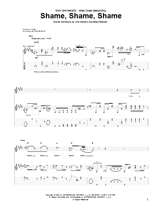 Jimi Hendrix Shame, Shame, Shame Sheet Music Notes & Chords for Guitar Tab - Download or Print PDF