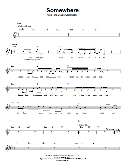 Jimi Hendrix Somewhere Sheet Music Notes & Chords for Melody Line, Lyrics & Chords - Download or Print PDF
