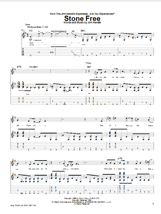 Jimi Hendrix Stone Free Sheet Music Notes & Chords for Guitar Tab - Download or Print PDF