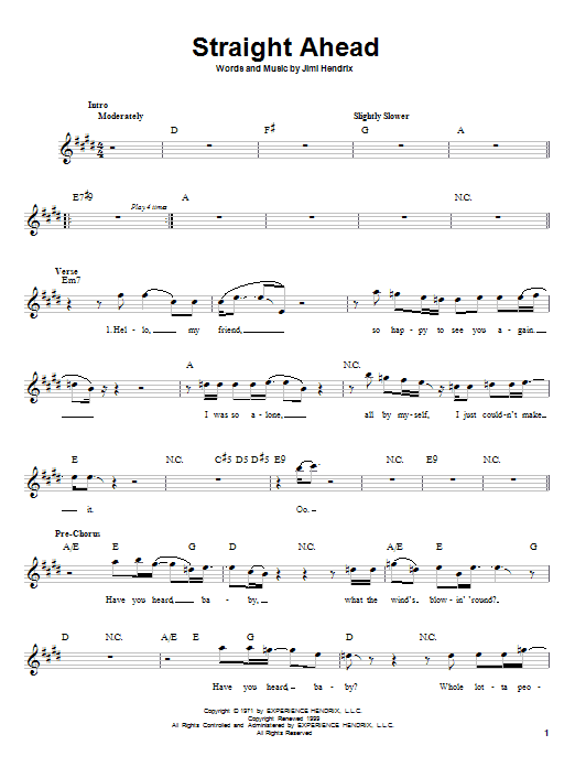 Jimi Hendrix Straight Ahead Sheet Music Notes & Chords for Melody Line, Lyrics & Chords - Download or Print PDF