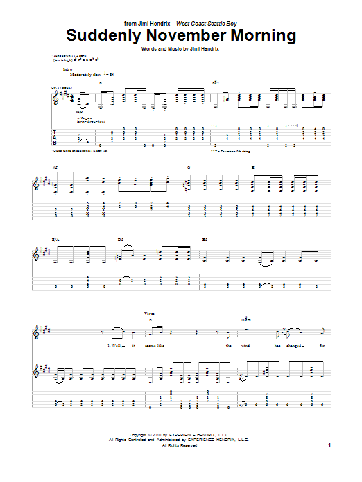 Jimi Hendrix Suddenly November Morning Sheet Music Notes & Chords for Guitar Tab - Download or Print PDF