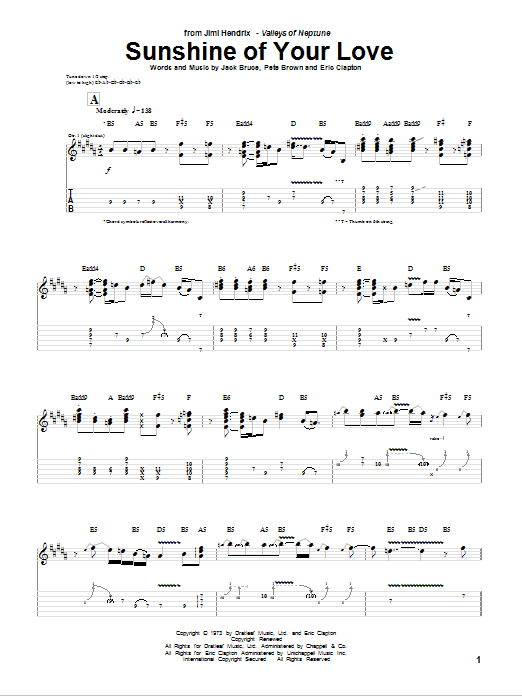 Jimi Hendrix Sunshine Of Your Love Sheet Music Notes & Chords for Guitar Tab - Download or Print PDF