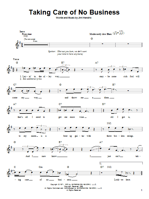Jimi Hendrix Taking Care Of No Business Sheet Music Notes & Chords for Melody Line, Lyrics & Chords - Download or Print PDF