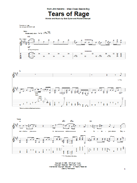 Jimi Hendrix Tears Of Rage Sheet Music Notes & Chords for Guitar Tab - Download or Print PDF