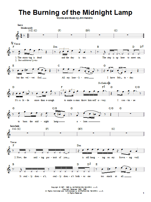 Jimi Hendrix The Burning Of The Midnight Lamp Sheet Music Notes & Chords for Melody Line, Lyrics & Chords - Download or Print PDF