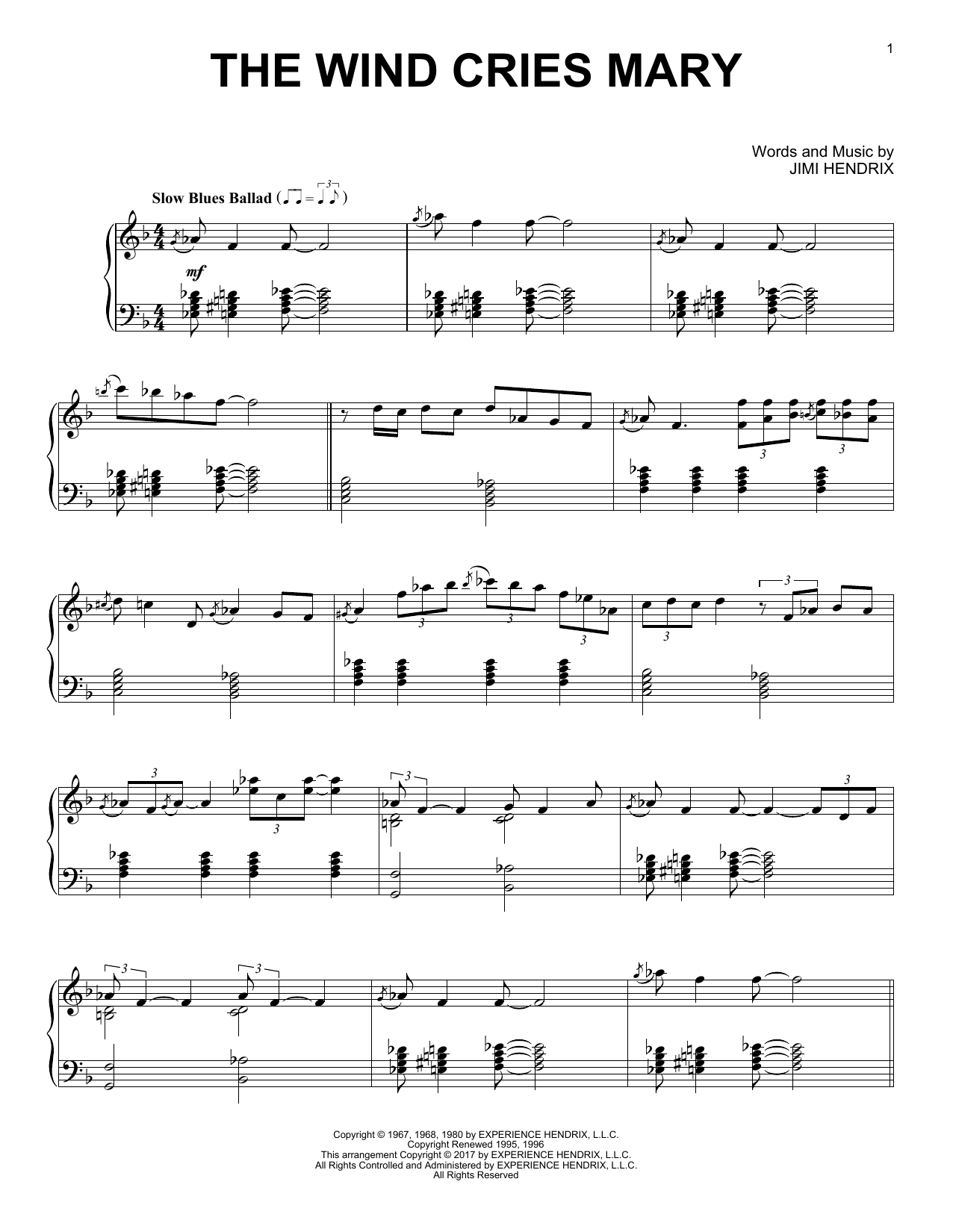 Jimi Hendrix The Wind Cries Mary [Jazz version] Sheet Music Notes & Chords for Piano Solo - Download or Print PDF