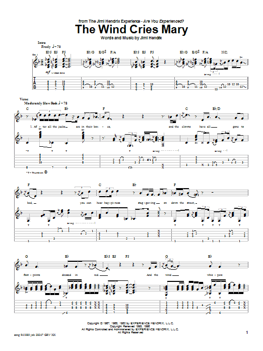 Jimi Hendrix The Wind Cries Mary Sheet Music Notes & Chords for Easy Guitar Tab - Download or Print PDF