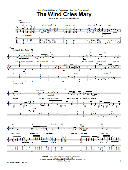 Jimi Hendrix The Wind Cries Mary Sheet Music Notes & Chords for Piano, Vocal & Guitar (Right-Hand Melody) - Download or Print PDF