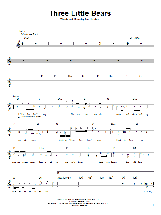 Jimi Hendrix Three Little Bears Sheet Music Notes & Chords for Melody Line, Lyrics & Chords - Download or Print PDF